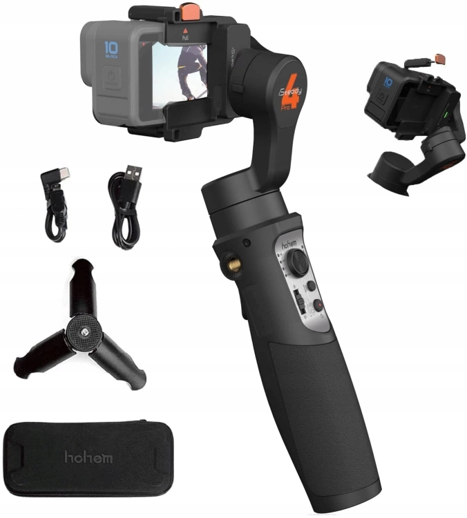 Gimbal Hohem iSteady Pro 4 z kamerą GoPro, mini statywem, kablami USB, uchwytem i etui