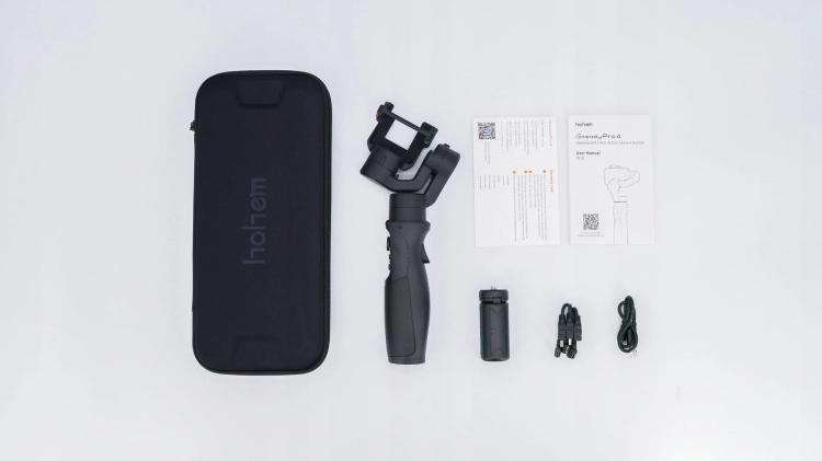 Gimbal Hohem iSteady Pro 4 – rozłożona zawartość zestawu z etui, statywem i kablami