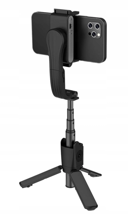 Gimbal Hohem iSteady Q czarny ze smartfonem w pionie na statywie, widok z tyłu