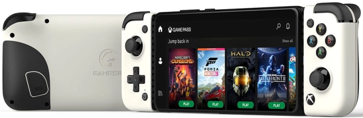 Kontroler mobilny GameSir X2 Pro USB-C biały ze smartfonem, widok pod kątem z boku