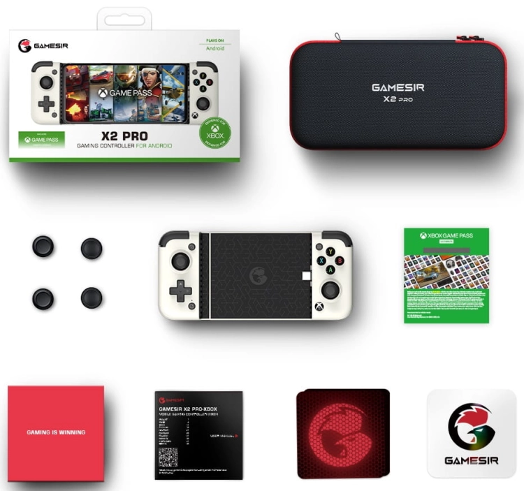 Kontroler mobilny GameSir X2 Pro USB-C biały – zawartość zestawu: etui, gałki, pudełko i dokumenty