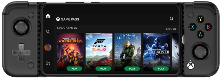 Kontroler mobilny GameSir X2 Pro czarny ze smartfonem i biblioteką gier, widok z przodu