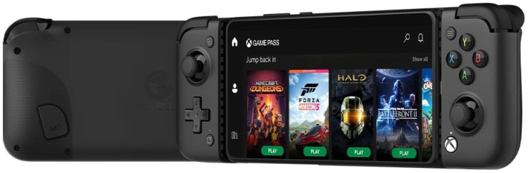 Kontroler mobilny GameSir X2 Pro czarny ze smartfonem, widok pod kątem z boku
