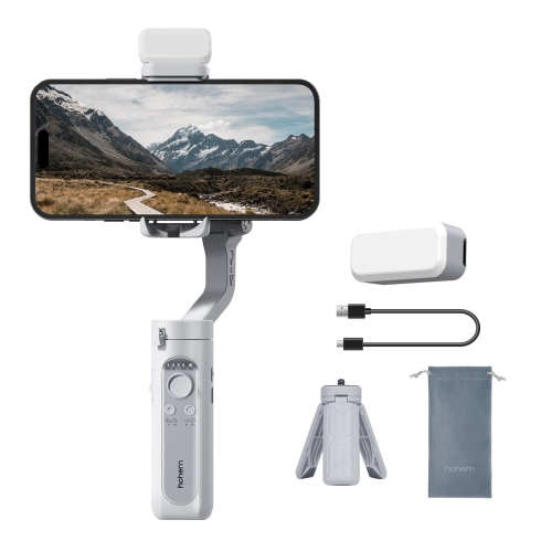Gimbal Hohem iSteady XE Kit szary z lampą – zestaw: gimbal ze smartfonem, lampa, statyw, kabel i etui
