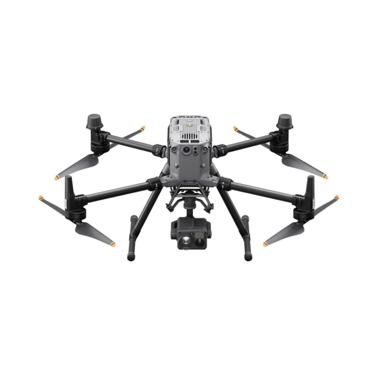 Dron DJI Matrice 350 RTK z kamerą Zenmuse pod spodem, widok z przodu