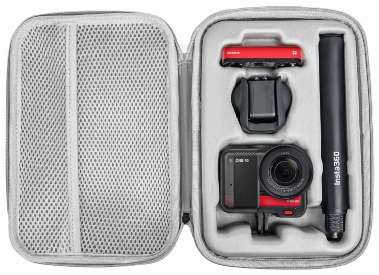 Etui Insta360 do serii R (ONE R, ONE RS) – otwarte etui z kamerą, kijkiem i akcesoriami