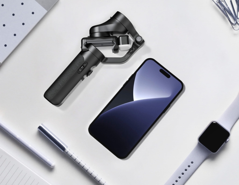 Stabilizator Hohem iSteady XE KIT czarny obok telefonu i zegarka.jpg