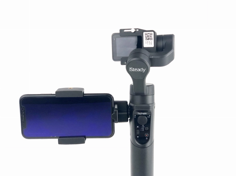 Mocowanie telefonu Hohem PH1 na gimbalu iSteady z kamerą sportową i smartfonem w poziomie