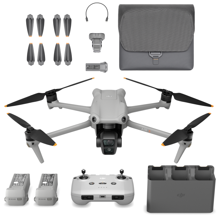 DJI Air 3 (RC-N2) + Fly More Combo - zaawansowany dron z dwoma kamerami, możliwością nagrywania w 4K HDR i inteligentnymi funkcjami.