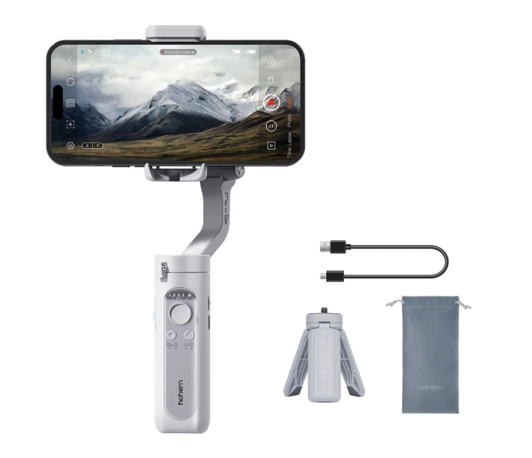 Gimbal Hohem iSteady XE szary ze smartfonem, kabel, mini statyw i etui – zawartość zestawu