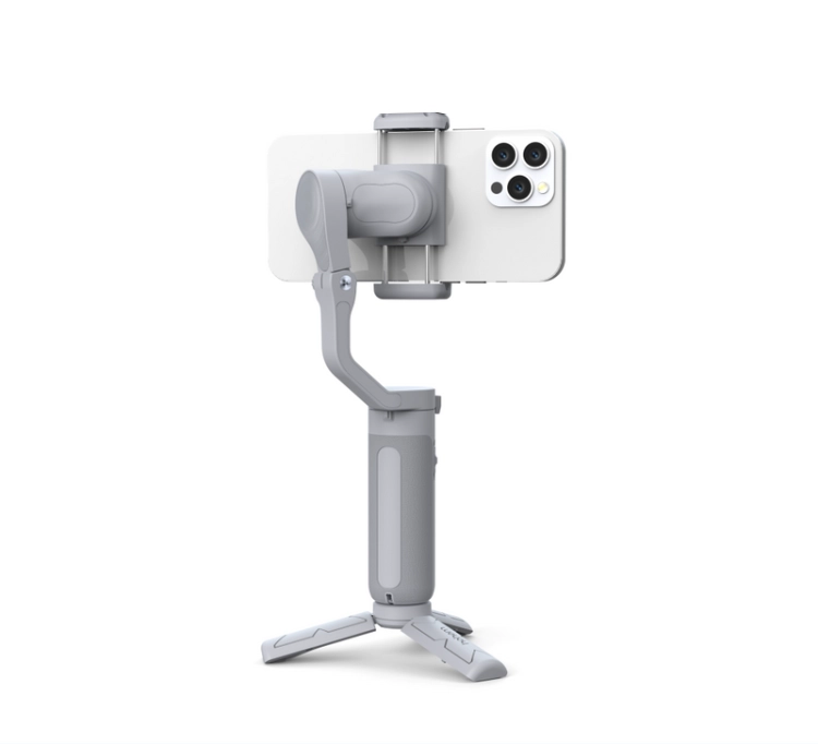 Gimbal Hohem iSteady XE szary na mini statywie ze smartfonem w pionie, widok z tyłu