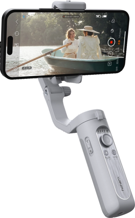 Gimbal Hohem iSteady XE szary ze smartfonem nagrywającym parę w łódce, widok pod kątem