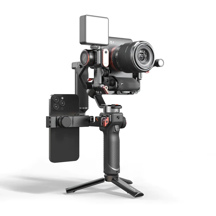 Gimbal Hohem iSteady MT2 Kit z aparatem, lampą i smartfonem na uchwycie bocznym