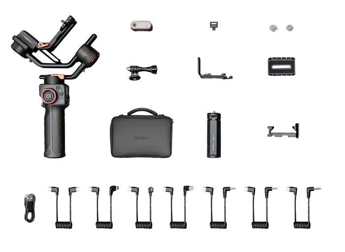 Gimbal Hohem iSteady MT2 Kit – rozłożona zawartość zestawu z kablami, torbą i akcesoriami