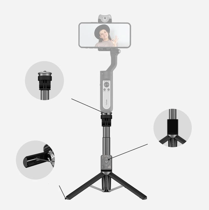 Statyw z selfie stickiem Hohem RS01 z pilotem – gimbal ze smartfonem na statywie i detale mocowań