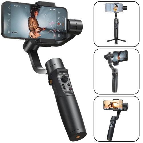 Gimbal Hohem iSteady Mobile+ 2024 ze smartfonem i podglądem trybów nagrywania