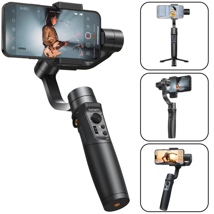 Gimbal Hohem iSteady Mobile+ 2024 ze smartfonem i podglądem trybów nagrywania