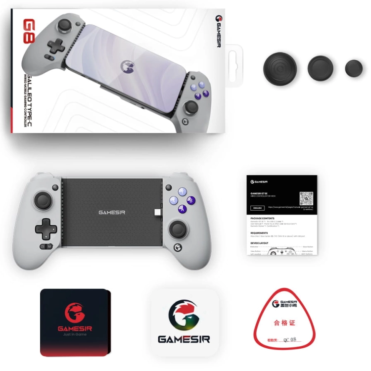 Kontroler mobilny GameSir G8 Galileo USB-C szary – zawartość zestawu: pudełko, gałki, naklejki