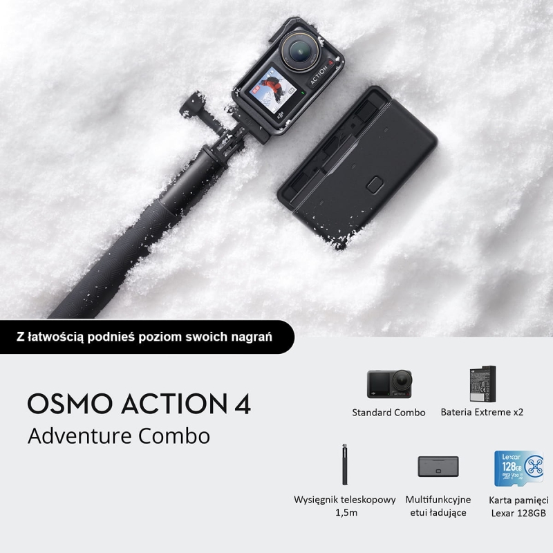 Powiększony zestaw - kamera sportowa DJI Osmo Action 4 Adventure Combo + karta