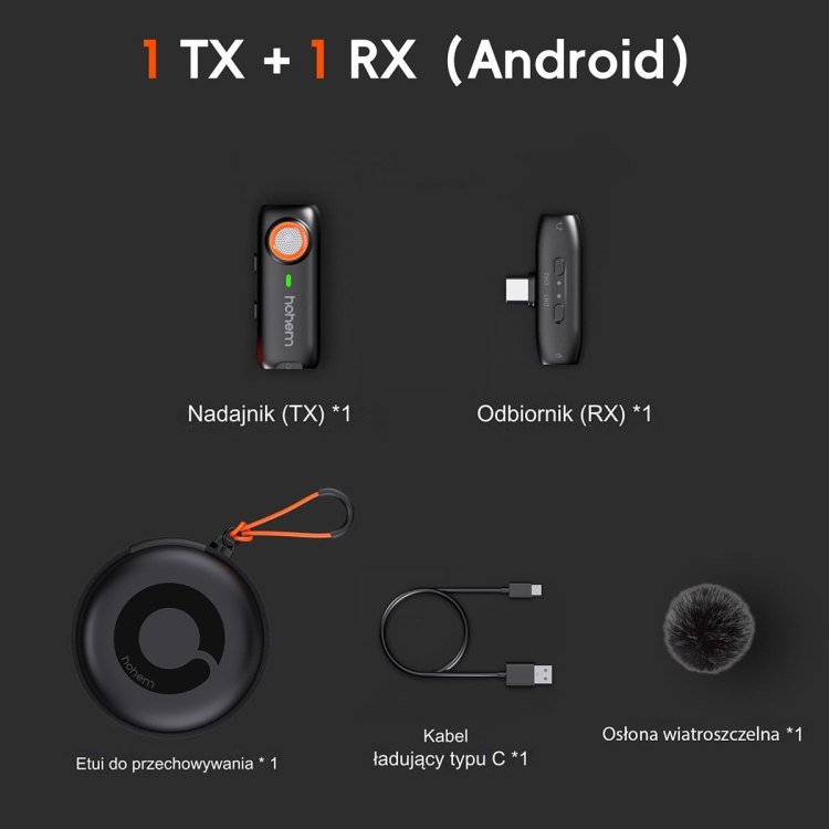 Mikrofon bezprzewodowy Hohem Lavalier MIC-01 1 TX + 1 RX USB-C – infografika zawartości zestawu