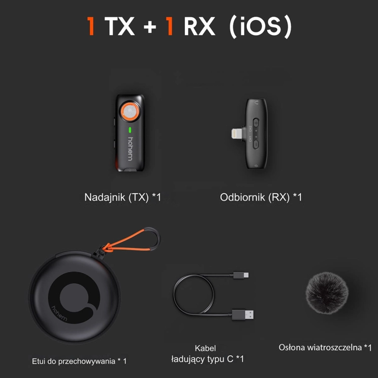 Mikrofon bezprzewodowy Hohem Lavalier MIC-01 1 TX + 1 RX Lightning – infografika zestawu iOS