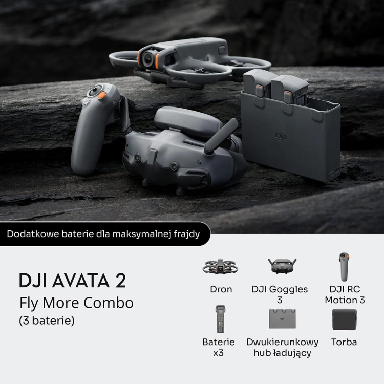 Grafika zestawu DJI Avata 2 Fly More Combo z trzema akumulatorami