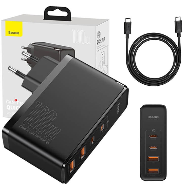 Ładowarka sieciowa Baseus GaN2 Pro, 2x USB + 2x USB-C, 100W, EU (czarna)
