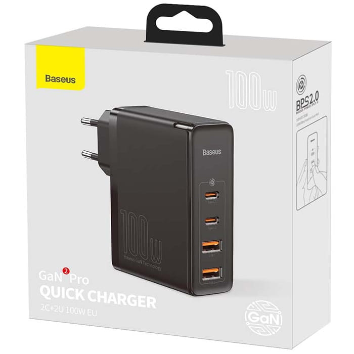 Ładowarka sieciowa Baseus GaN2 Pro, 2x USB + 2x USB-C, 100W, EU (czarna)