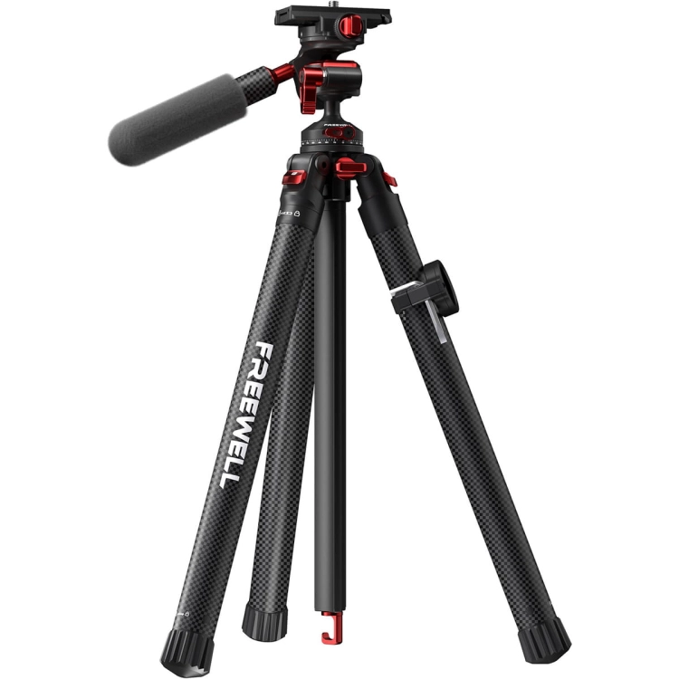Statyw karbonowy Freewell Real Travel Tripod 0,9 kg – rozłożony z głowicą i rączką, widok z boku