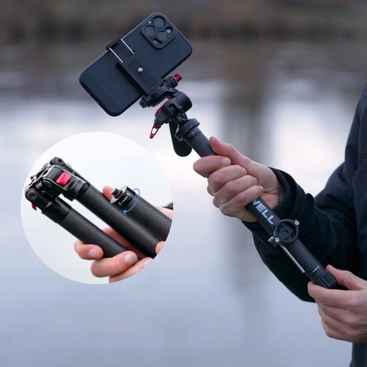 Statyw karbonowy Freewell Real Travel Tripod 0,9 kg jako kijek selfie ze smartfonem nad wodą