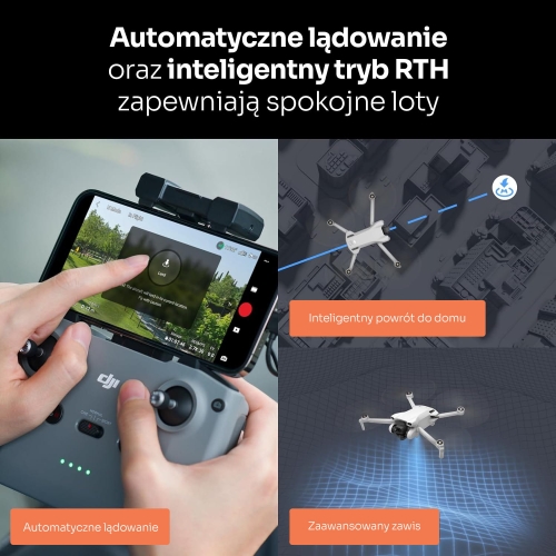 Grafika: automatyczne lądowanie i inteligentny powrót do punktu startu w DJI Mini 3, kontroler RC-N1 z telefonem