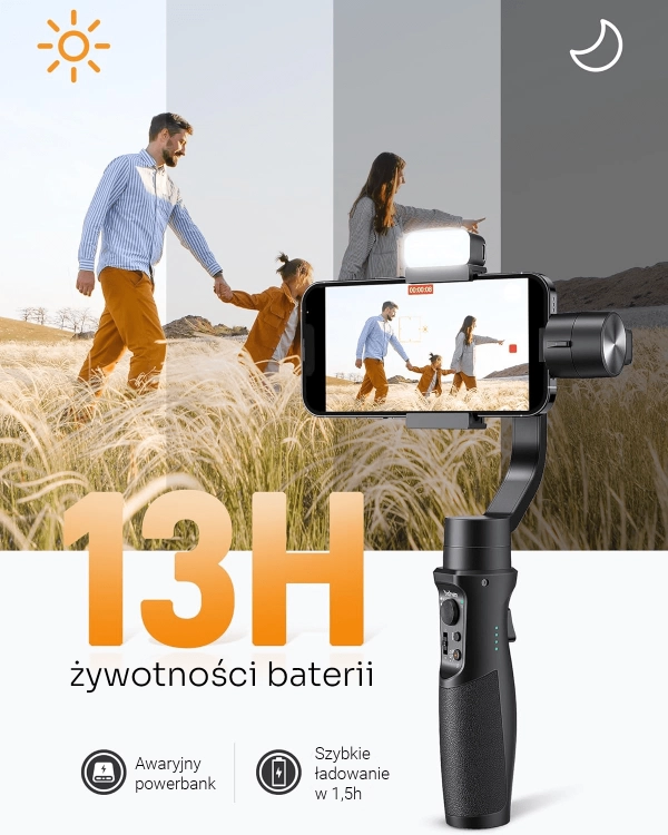 Stabilizator z długą żywotnością baterii do 13 godzin pracy, idealny dla długotrwałych sesji filmowych.