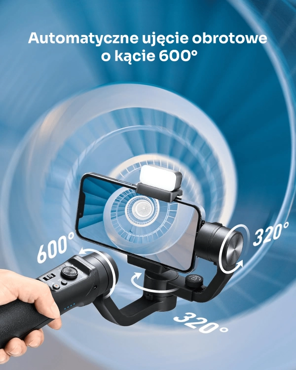Funkcja automatycznego obrotu kamery o 600 stopni w stabilizatorze, umożliwiająca tworzenie efektownych ujęć panoramicznych.