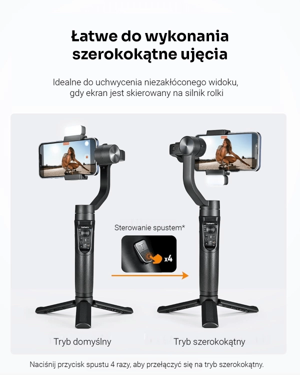 Stabilizator do smartfonów w trybie podstawowym i szerokokątnym, idealny do filmowania dynamicznych scen.