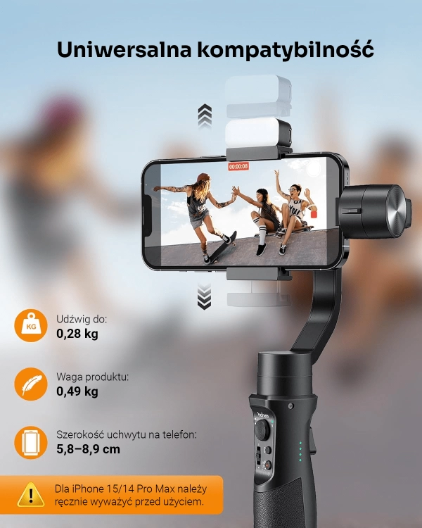 Stabilizator kompatybilny z różnymi modelami smartfonów, łatwe montowanie i stabilne wsparcie podczas nagrywania.