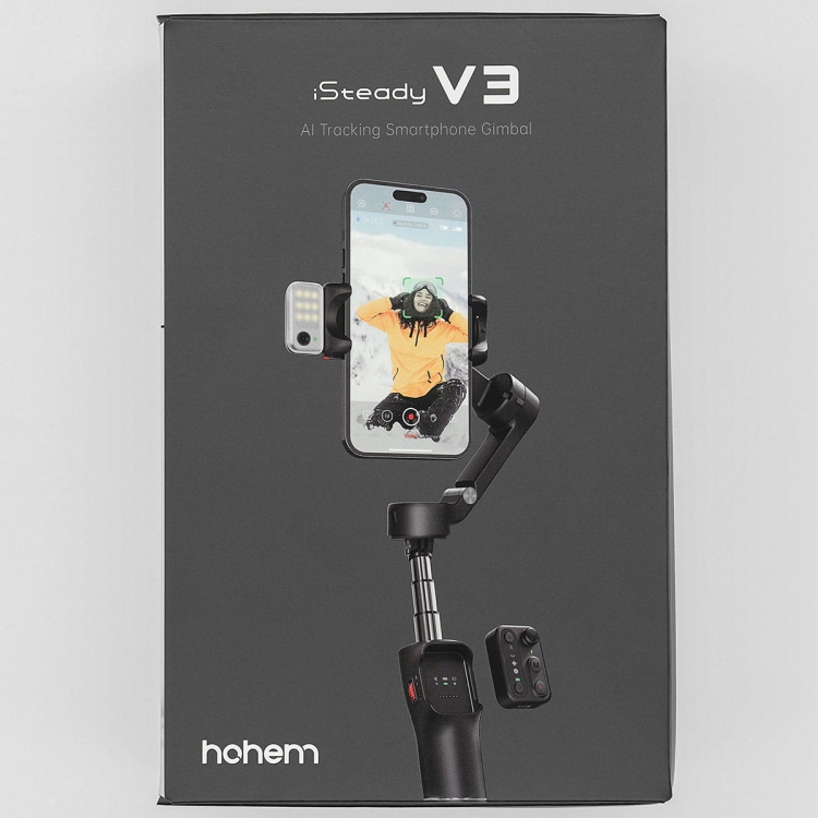 Gimbal Hohem iSteady V3 czarny – opakowanie produktu z gimbalem i smartfonem na froncie