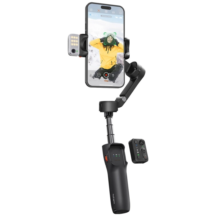 Gimbal Hohem iSteady V3 czarny ze smartfonem w pionie i odłączanym pilotem, widok z przodu