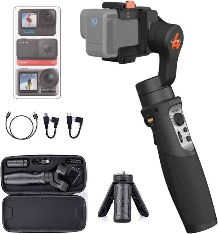 Gimbal Hohem iSteady Pro 4 z kamerą GoPro – zawartość zestawu: etui, mini statyw, kable i uchwyt