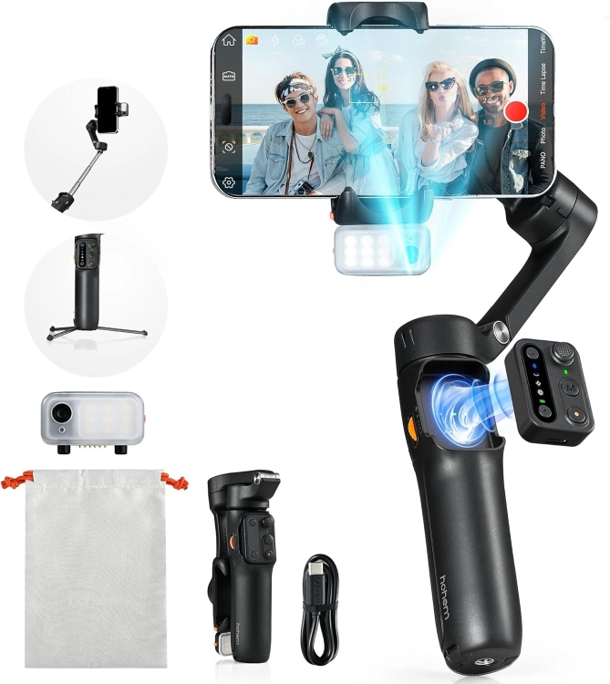 Gimbal Hohem iSteady V3 czarny ze smartfonem, pilotem i lampą AI oraz akcesoria z zestawu