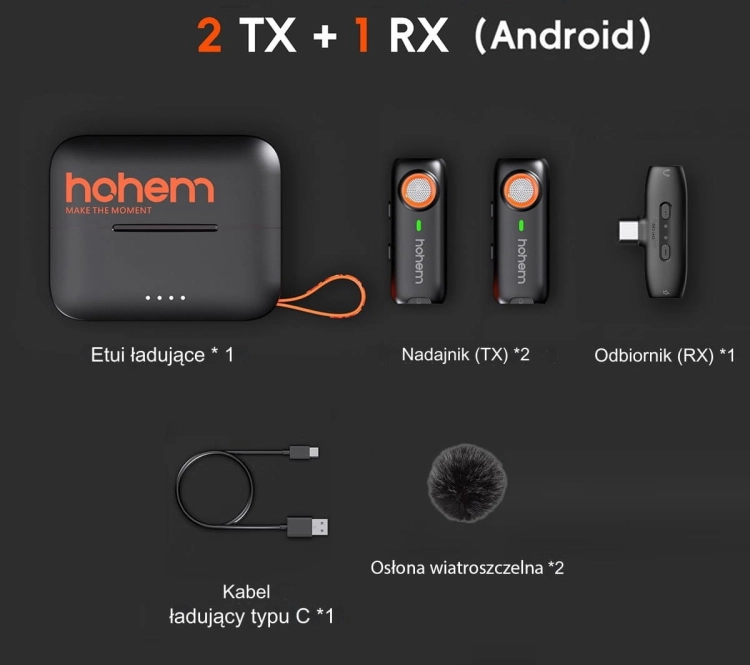 Mikrofon bezprzewodowy Hohem Lavalier MIC-01 USB-C – infografika zestawu 2 TX + 1 RX Android