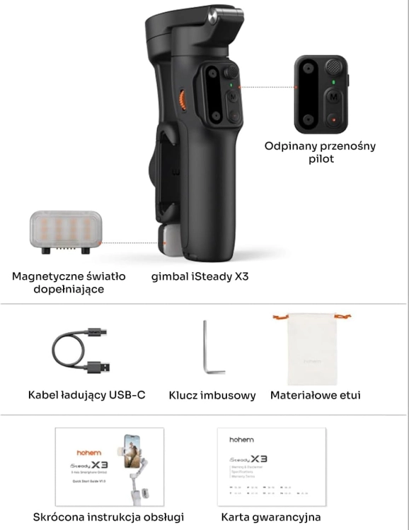 Gimbal Hohem iSteady X3 czarny – infografika z opisaną zawartością zestawu