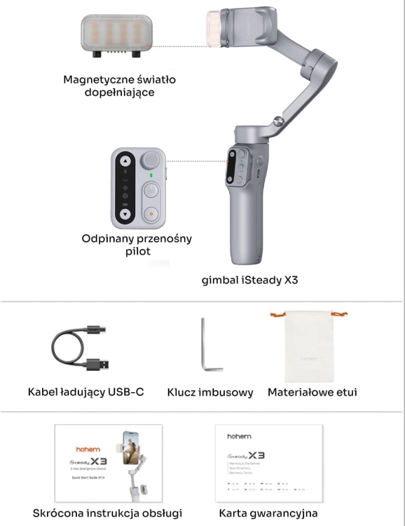 Gimbal Hohem iSteady X3 szary – infografika z opisaną zawartością zestawu
