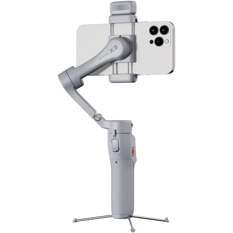 Gimbal Hohem iSteady X3 szary na mini statywie ze smartfonem, widok z tyłu