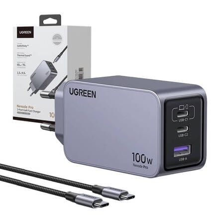Ładowarka sieciowa Ugreen Nexode Pro 100W, GaN, USB + 2x USB-C