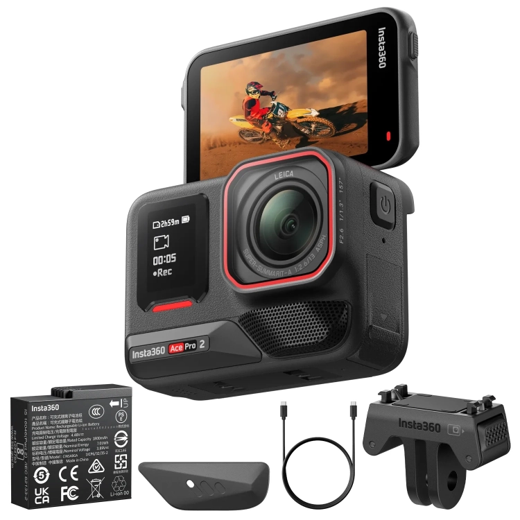 Kamera sportowa Insta360 Ace Pro 2 – kamera z akumulatorem, kablem i mocowaniem z zestawu