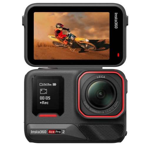 Kamera sportowa Insta360 Ace Pro 2 – ekran odchylony do selfie nad obiektywem, widok z przodu