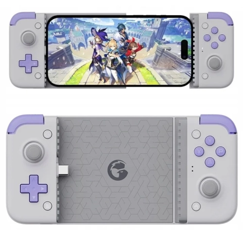 Kontroler mobilny GameSir X2s USB-C fioletowo-szary – z telefonem i bez telefonu, widok z przodu