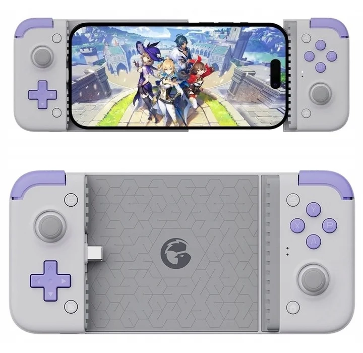 Kontroler mobilny GameSir X2s USB-C fioletowo-szary – z telefonem i bez telefonu, widok z przodu