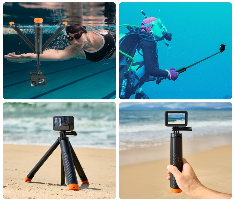 Wodoodporny tripod, selfie-stick Telesin do kamer sportowych - przykłady użycia