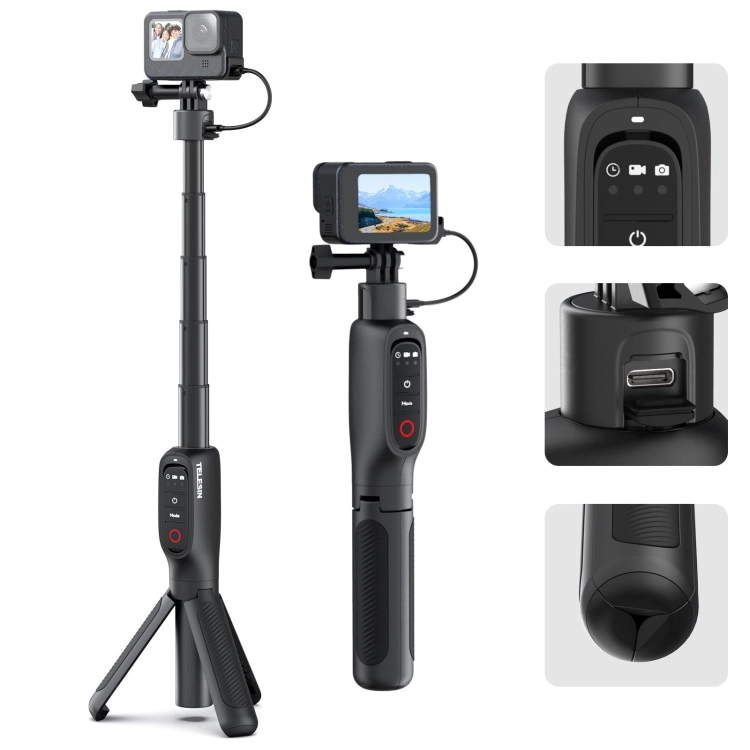 Akumulatorowy Selfie-stick, wysięgnik z pilotem Telesin Shorty do kamer GoPro